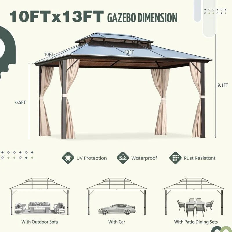 EROMMY Pavillon mit festem Dach, Pergola für den Außenbereich mit Doppeldach, Moskitonetz und Vorhängen, strapazierfähiges Sonnendach für Terrasse, Garten und Poolpartys