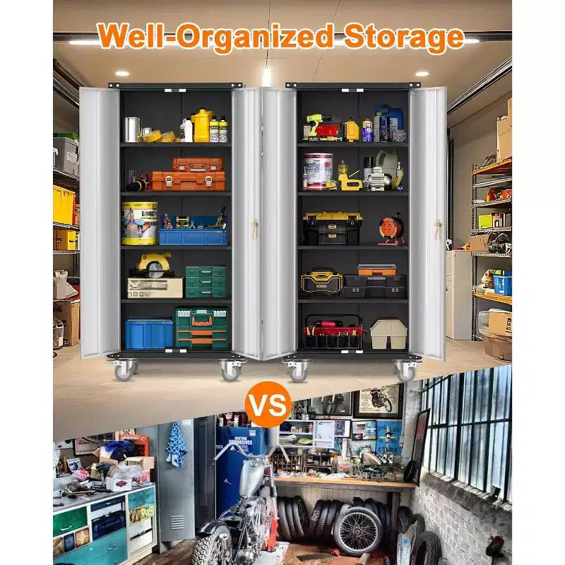 Garagekast op wielen met gereedschapsbord, afsluitbare metalen opbergkast van 72 H met 2 deuren en 4 verstelbare planken voor de garagewerkplaats