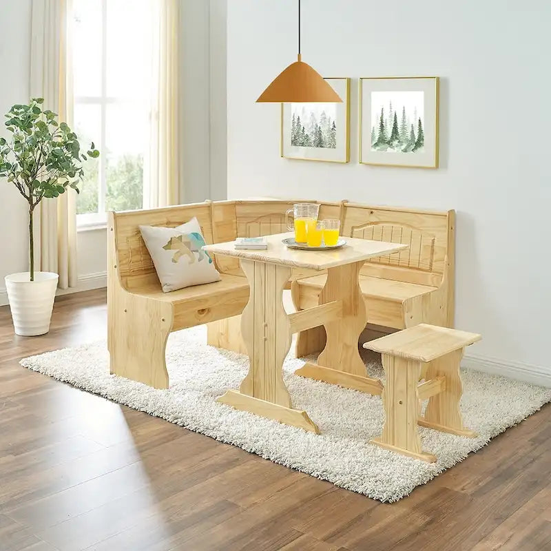 MUSEHOMEINC Frühstücksecke im traditionellen Stil, 3-teiliges Essgruppen-Set aus Massivholz mit Seitenbank und Esstisch mit verstecktem Stauraum