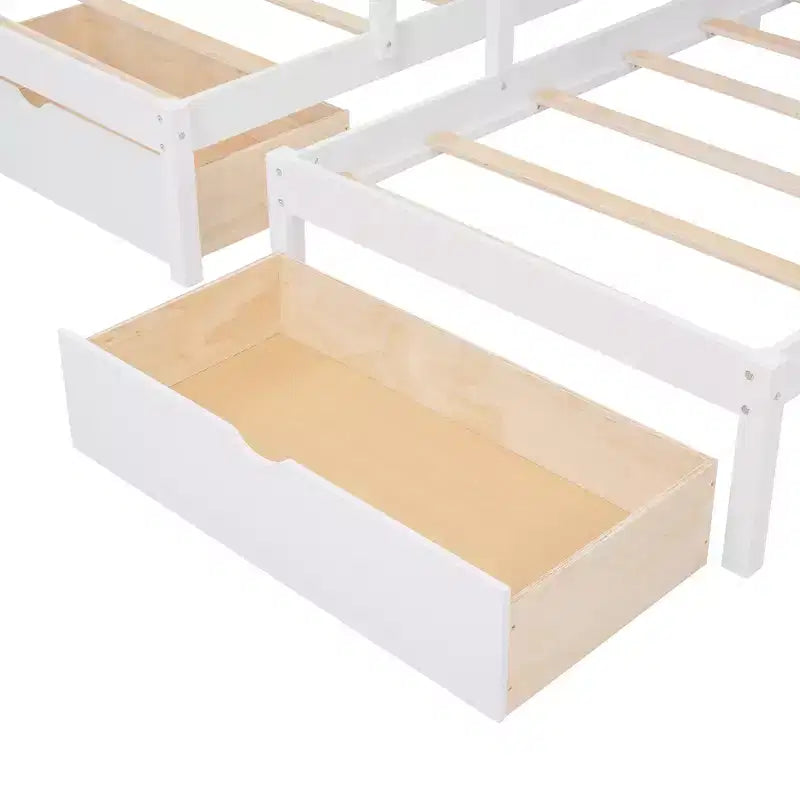 Whisen stapelbed met een twijfelaar boven een eenpersoonsbed en een extra eenpersoonsbed, houten driedubbel stapelbed met laden en valbeveiliging