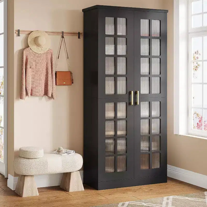 Meuble à chaussures haut Lantine avec portes, meuble de rangement à chaussures à 8 niveaux avec étagères réglables, meuble à chaussures moderne pour entrée, placard et salon, blanc