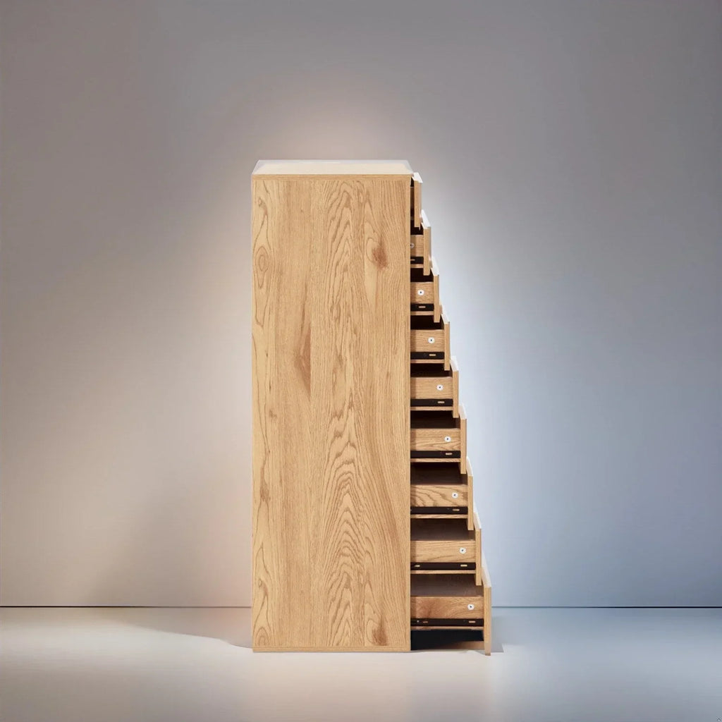 Smalle houten kast met 9 lades, soepel lopende lades en opbergplank bovenop