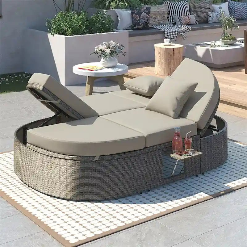 Lit de soleil d’extérieur pour patio, banquette-lit 2 places avec coussins et oreillers