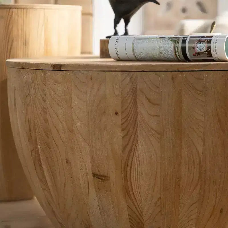 Table basse ronde rétro avec rangement, en bois, adaptée au salon, à la salle à manger ou au bureau.