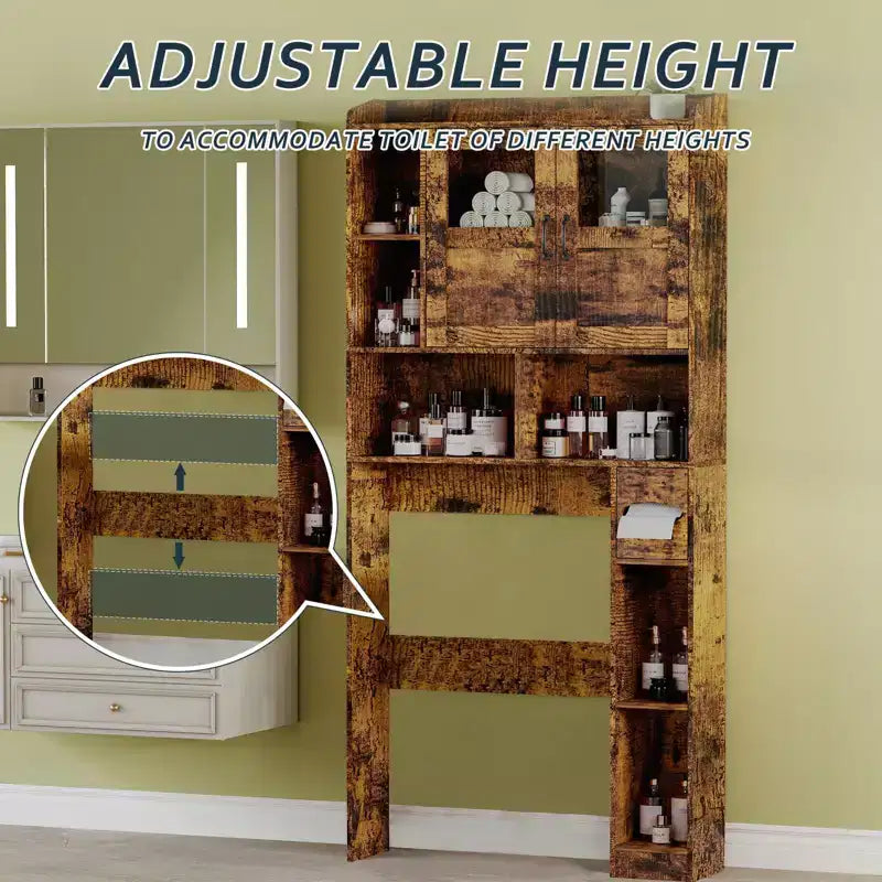 Meuble de rangement au-dessus des toilettes - 67.4 H, rangement de salle de bains de style champêtre avec étagère réglable et porte vitrée, pour salle de bains et buanderie