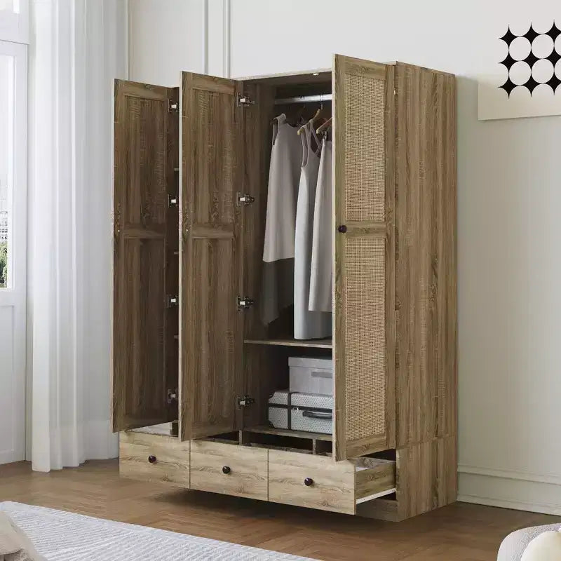 Armoire en rotin Famapy avec 3 tiroirs, placard à 3 portes en rotin respirant, grande armoire de rangement de style rustique pour chambre