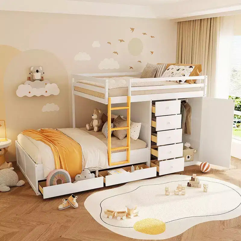 Stapelbed met twee tweepersoonsbedden, opbergkast en laden, houten stapelbed in tweepersoonsformaat met ruimtebesparend ontwerp en veiligheidsreling voor appartement en slaapkamer