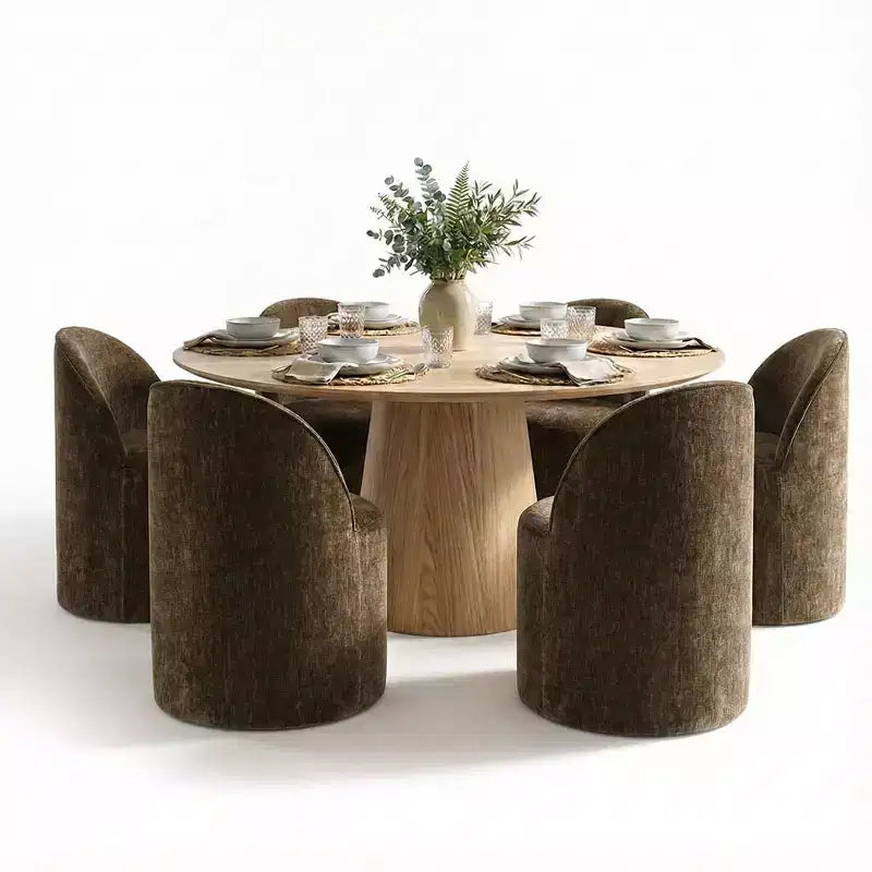 Ensemble de salle à manger moderne pour 6 personnes, table ronde à piètement central, fauteuils pivotants en forme de tonneau à roulettes, chenille texturée - Panipeachy