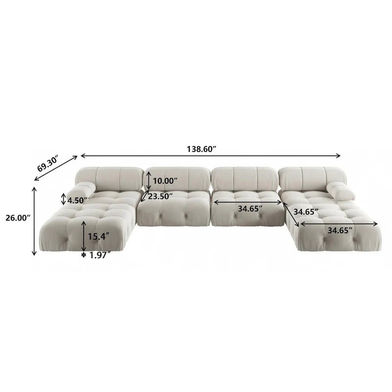 138  ombouwbare modulaire hoekbank, U-vormige minimalistische fluwelen banken