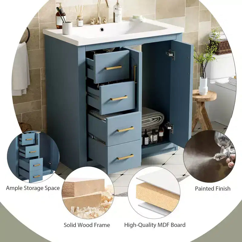30 Badezimmer-Waschtischunterschrank mit einem Waschbecken, Schrank und 3 Schubladen ??Schwarz / Blau / Grün / Indigo / Weiß