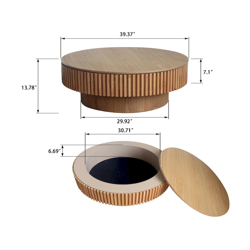Table basse ronde moderne en bois massif plaqué, avec rangement
