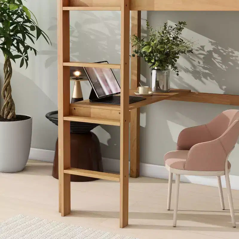 Okak minimalistisches Hochbett mit Leiter, Hochbett für Einzelbettmatratze aus Gummibaumholz mit Sicherheitsgeländer und eingebautem Schreibtisch, Bettgestell für Kinder und Jugendliche
