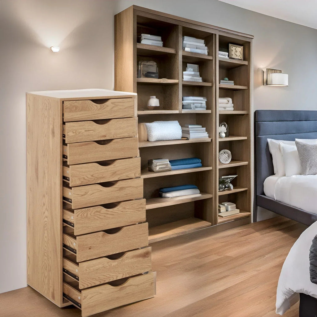 Smalle houten kast met 9 lades, soepel lopende lades en opbergplank bovenop