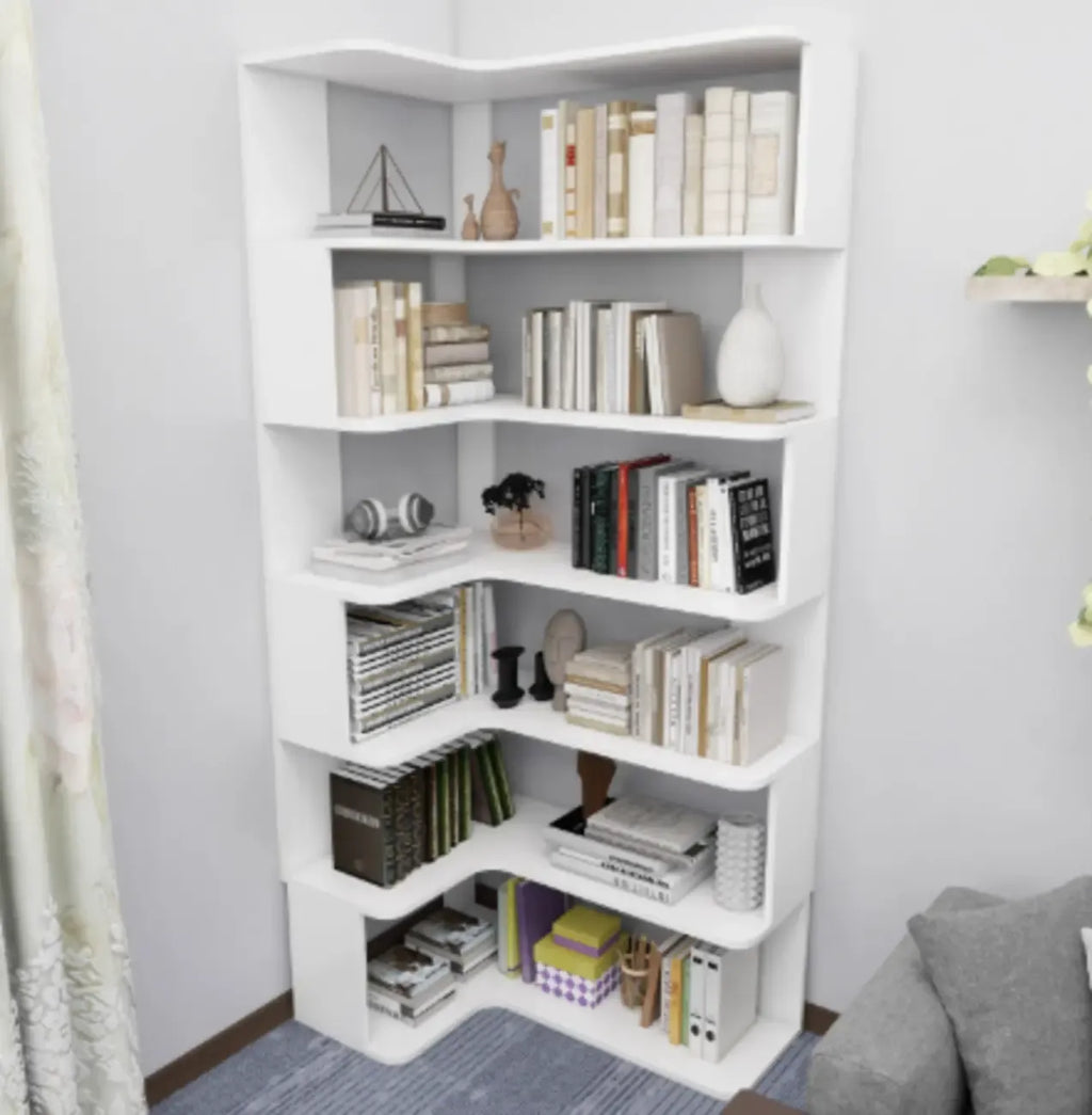 Hoekboekenkast van bewerkt hout met 6 planken