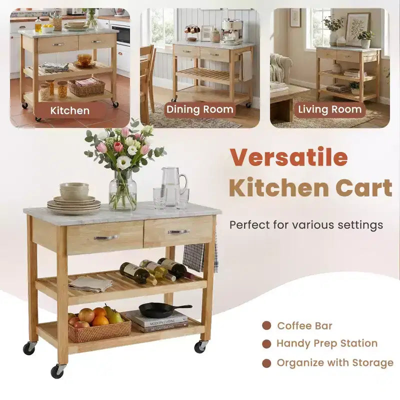 Desserte de cuisine à roulettes avec plateau en marbre, îlot de cuisine en bois massif à 2 tiroirs, chariot de cuisine à 3 niveaux avec roulettes amovibles verrouillables et porte-serviette