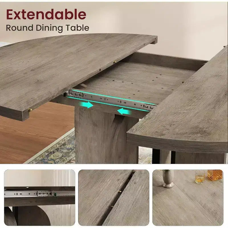 Table de salle à manger ronde extensible de 47-63 po pour 4-8 personnes, table de cuisine extensible en bois de style campagnard avec structure métallique, forme ovale peu encombrante pour appartement, gris rétro
