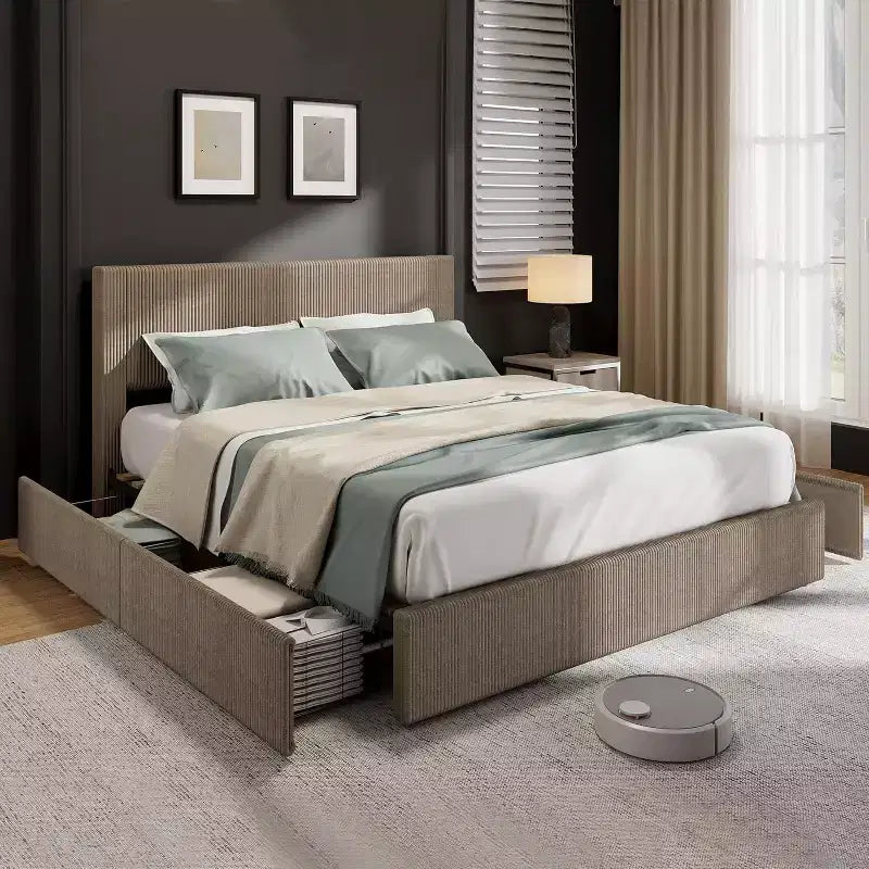Cadre de lit en velours côtelé CuisinSmart avec tête de lit, lit plateforme rembourré avec 4 tiroirs de rangement et support à lattes en bois