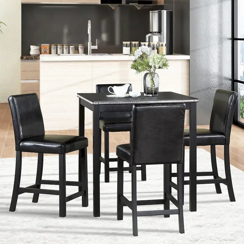 Moderne 5-delige eetset met vierkante tafel op aanrechthoogte en 4 gestoffeerde stoelen