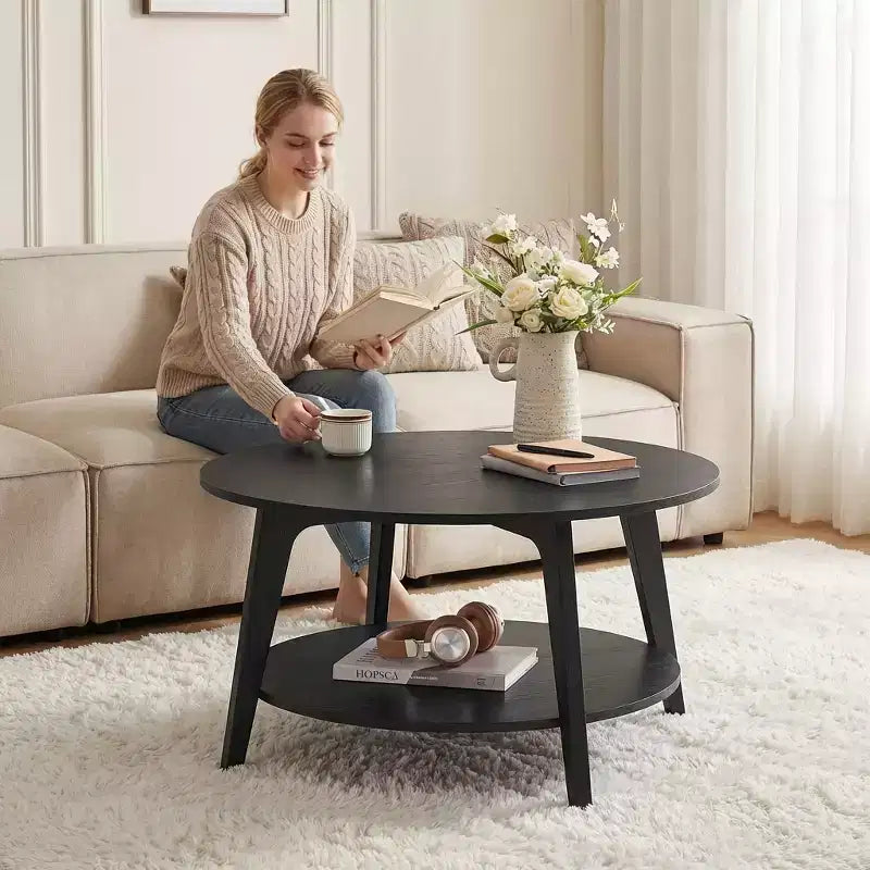 Honingbruine ronde salontafel met 2 opberglagen, afmetingen 31.5 x 17.7 Inches, ideaal voor de woonkamer