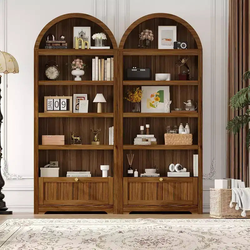 Boogvormige boekenkast van 72 met opberglade, moderne houten vitrinekast met 6 niveaus, open planken, onderste lade en gebogen kastdeur