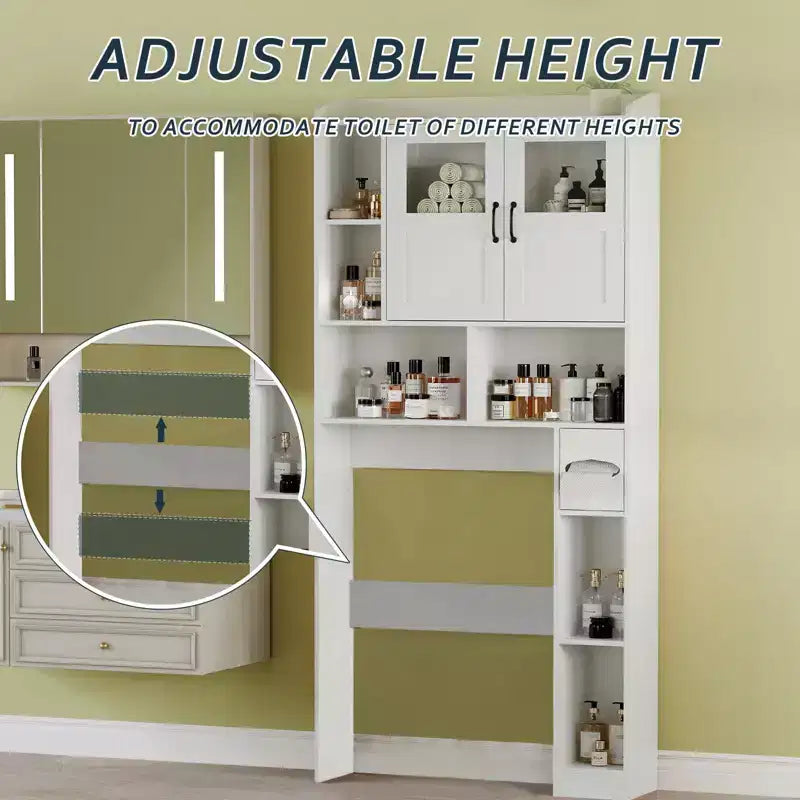 Meuble de rangement au-dessus des toilettes - 67.4 H, rangement de salle de bains de style champêtre avec étagère réglable et porte vitrée, pour salle de bains et buanderie