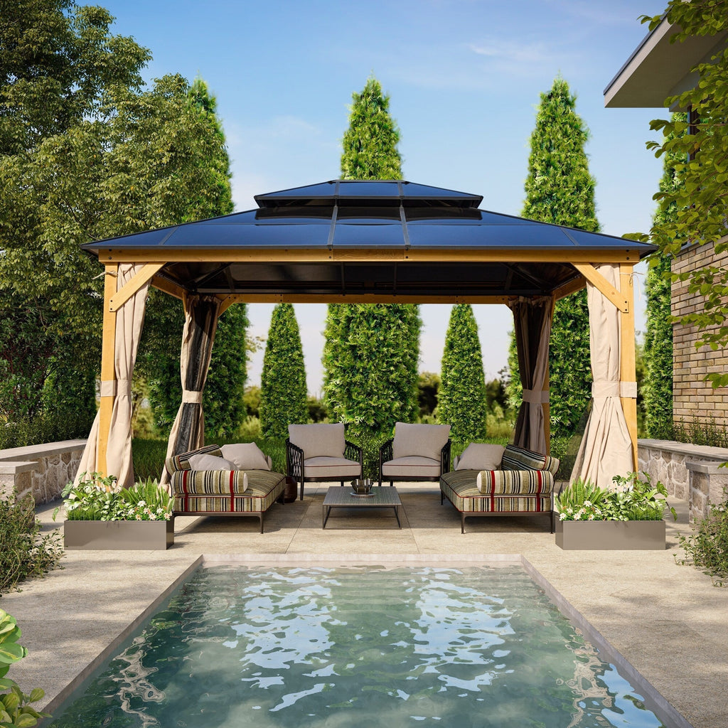 EROMMY Pavillon mit festem Dach, Pergola für den Außenbereich mit Doppeldach, Moskitonetz und Vorhängen, strapazierfähiges Sonnendach für Terrasse, Garten und Poolpartys