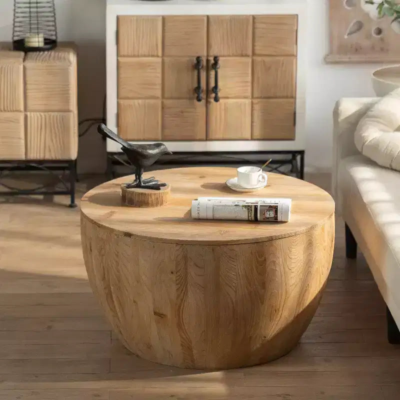 Table basse ronde rétro avec rangement, en bois, adaptée au salon, à la salle à manger ou au bureau.