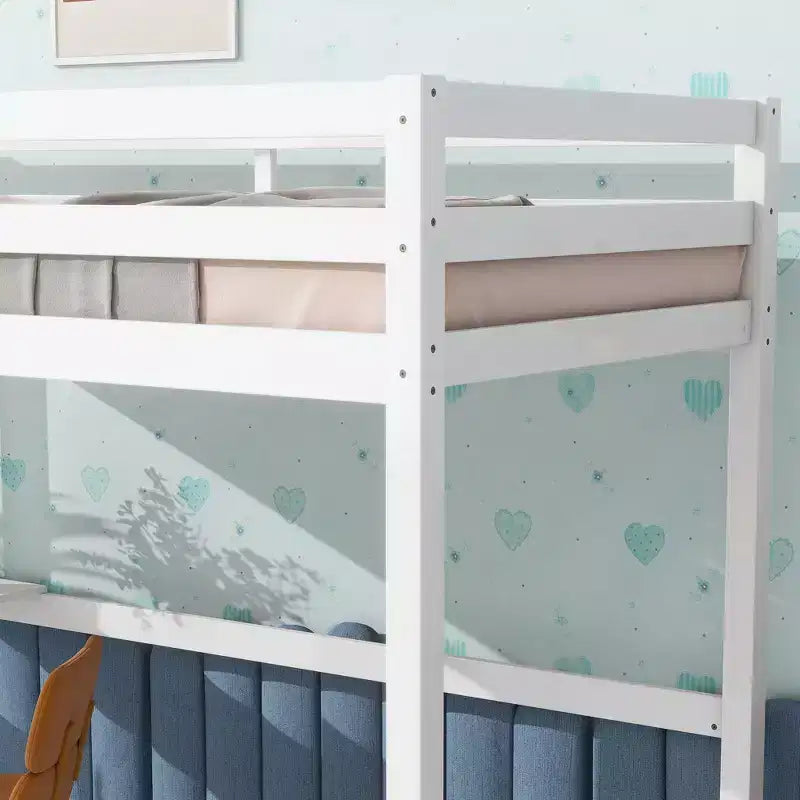 Okak minimalistisches Hochbett mit Leiter, Hochbett für Einzelbettmatratze aus Gummibaumholz mit Sicherheitsgeländer und eingebautem Schreibtisch, Bettgestell für Kinder und Jugendliche