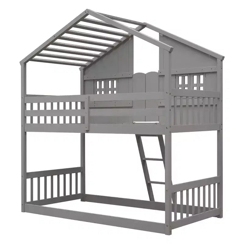 Hoogslaper in huisvorm voor een eenpersoonsbed, houten speelhuis-hoogslaper met ladder en veiligheidsleuningen voor kinderen