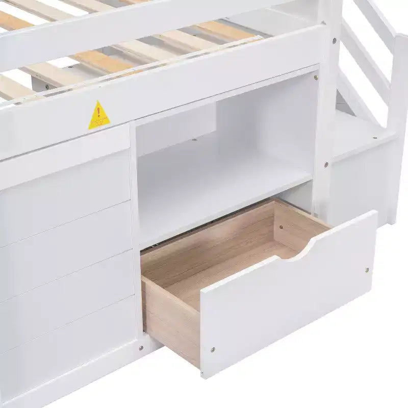 Łóżko typu low loft z litego drewna, rozmiar Twin, 94.6L x 42.3W, ze schodkami, szufladą i półką, nowoczesny i prosty design