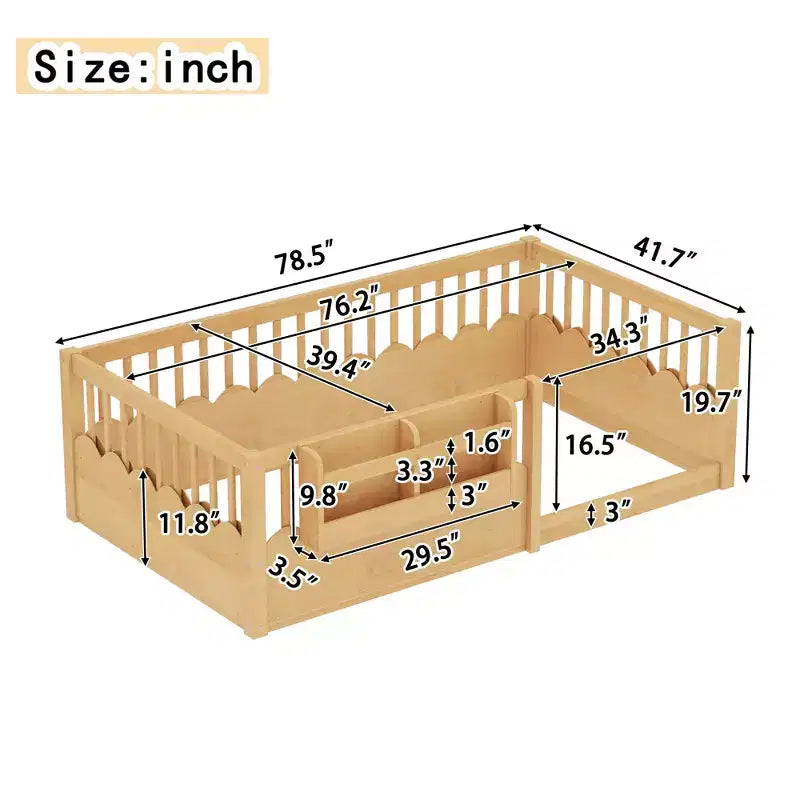 Lit au sol pour enfant Bellemave avec barrières surélevées et bibliothèque, cadre de lit Montessori en bois pour lit simple, pour filles et garçons