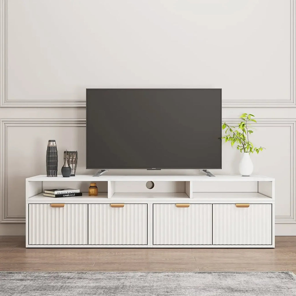 Moderne witte hoek-tv-meubel met 2 lades en open opbergruimte