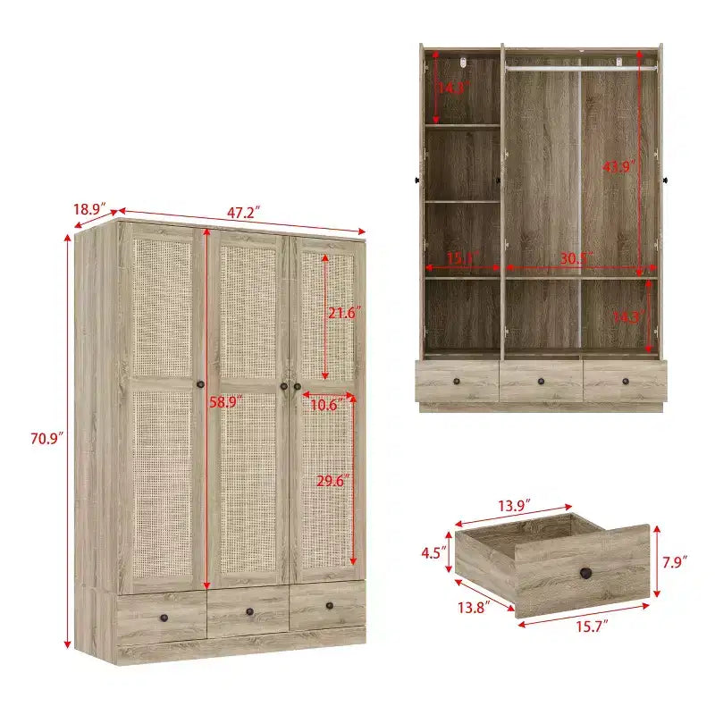 Armoire en rotin Famapy avec 3 tiroirs, placard à 3 portes en rotin respirant, grande armoire de rangement de style rustique pour chambre