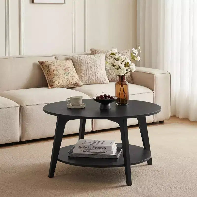 Honingbruine ronde salontafel met 2 opberglagen, afmetingen 31.5 x 17.7 Inches, ideaal voor de woonkamer