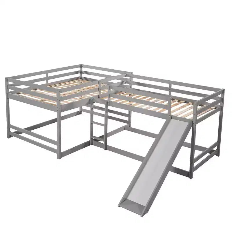 L-vormig stapelbed voor 4 kinderen, stapelbed voor vier met glijbaan, eenpersoonsbed en tweepersoonsbed, houten frame voor slaapkamer of studentenhuis