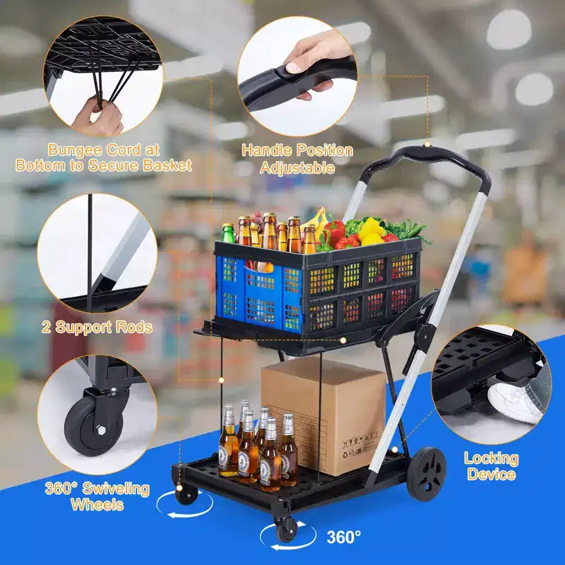 Opvouwbare winkelwagen met 2 niveaus voor boodschappen, draagvermogen van 198 LB, inklapbare boodschappenkar met wielen en afneembare krat voor winkelcentrum en markt, blauw