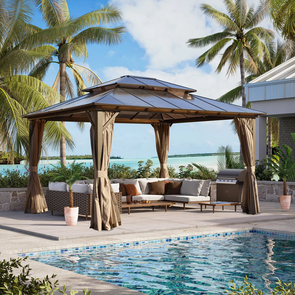 EROMMY Pavillon mit festem Dach, Pergola für den Außenbereich mit Doppeldach, Moskitonetz und Vorhängen, strapazierfähiges Sonnendach für Terrasse, Garten und Poolpartys