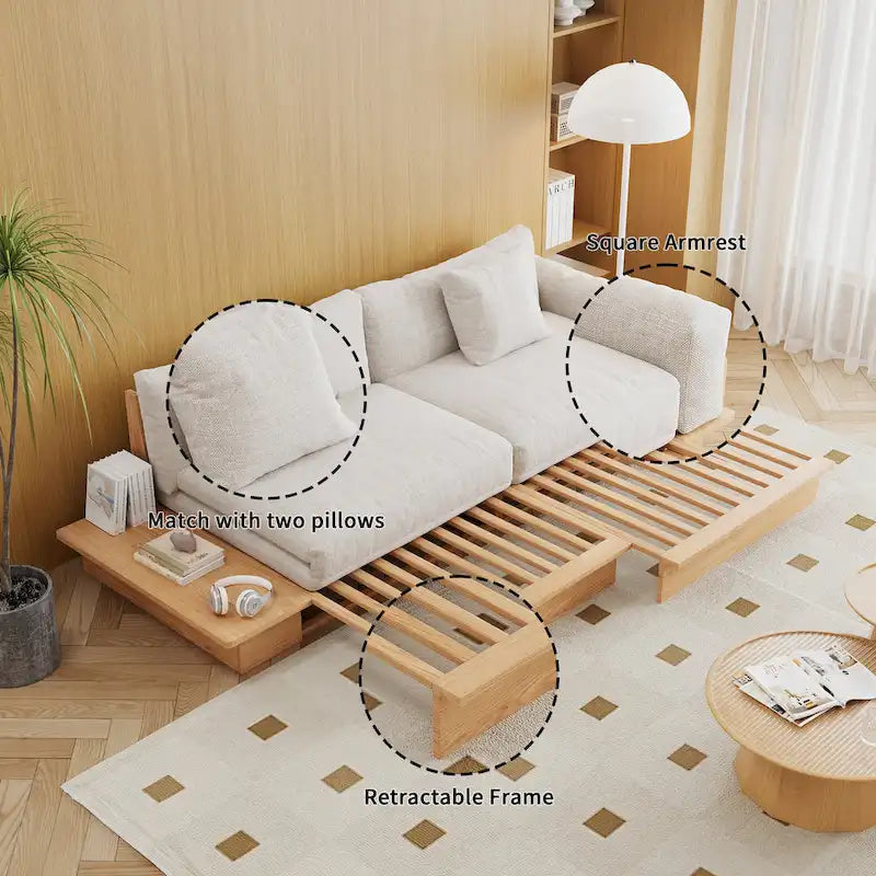 Nowoczesna sofa JASIWAY z litego drewna, tapicerowana bawełnianą tkaniną lnianą