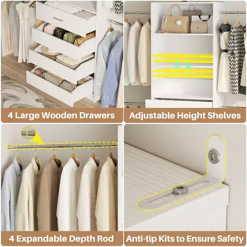 Système d'aménagement de dressing en bois Besiost de 4 à 9 pi avec 4 tiroirs, 4 tringles et des colonnes d'étagères