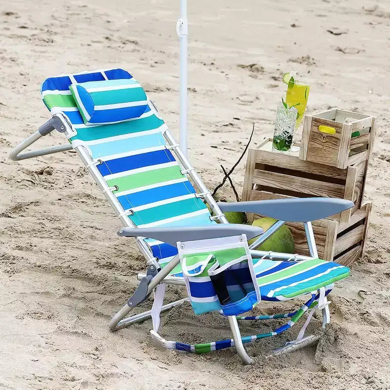 Acekool set van 2 lichtgewicht strandstoelen als rugzak, verstelbaar in 5 standen en plat te leggen, voor volwassenen, met banden, bekerhouder en handdoekstang, draagvermogen 300 lbs