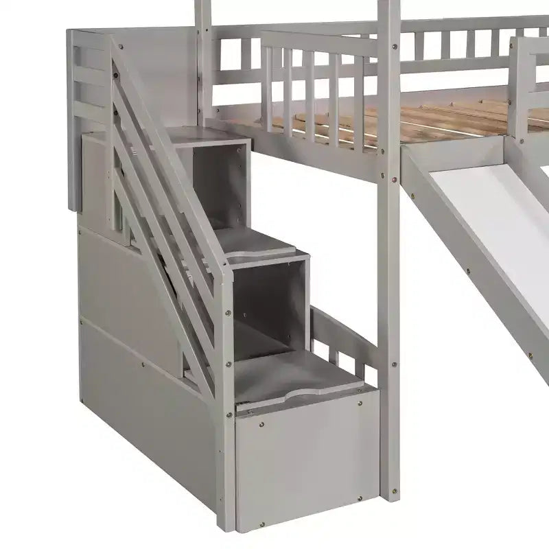 Hochbett in Hausform für Einzelbetten mit Rutsche und Treppe, Hochbett mit Schubladen, Holzhütten-Hochbett für Kinder und Kleinkinder