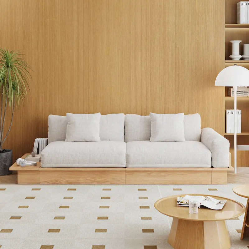 Nowoczesna sofa JASIWAY z litego drewna, tapicerowana bawełnianą tkaniną lnianą