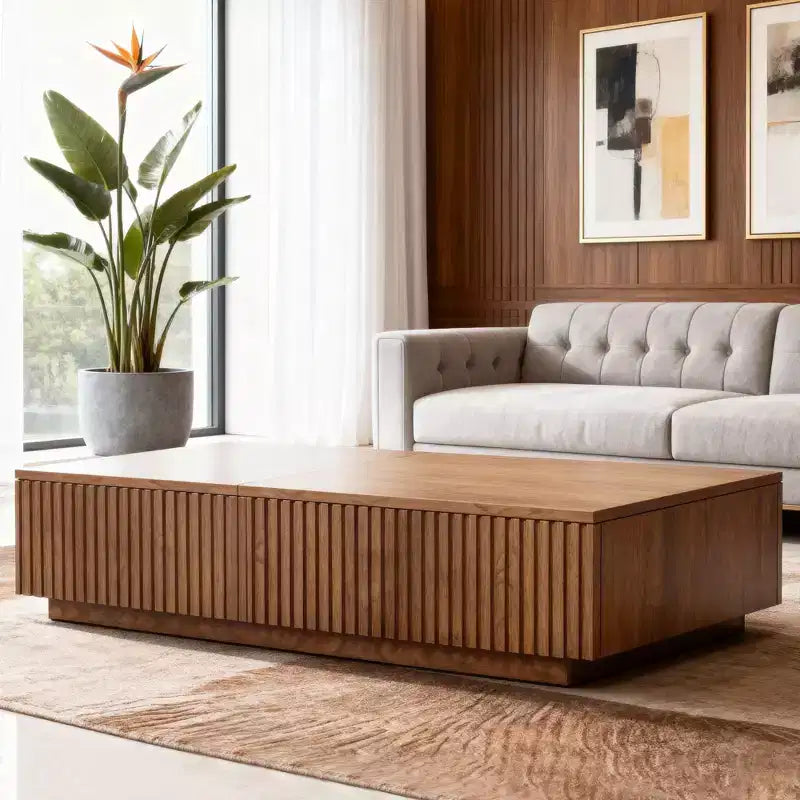 51.1 Couchtisch im Mid-Century-Modern-Stil mit höhenverstellbarer Platte, rechteckiger Wohnzimmertisch in Walnussoptik
