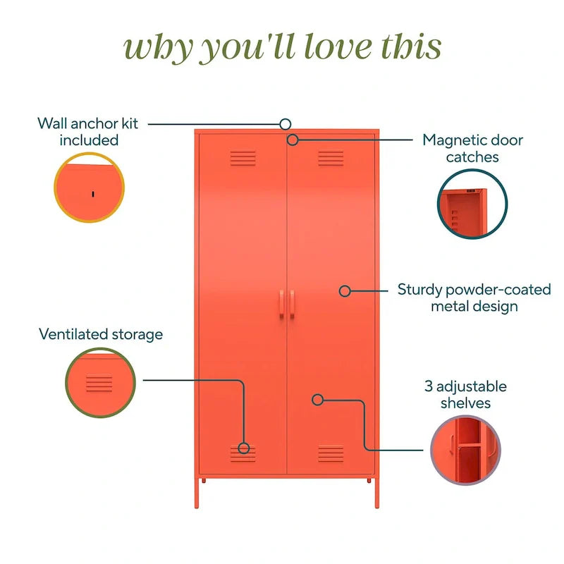 Orange/rosa hoher Metallschrank mit 2 Türen, für 1 Person