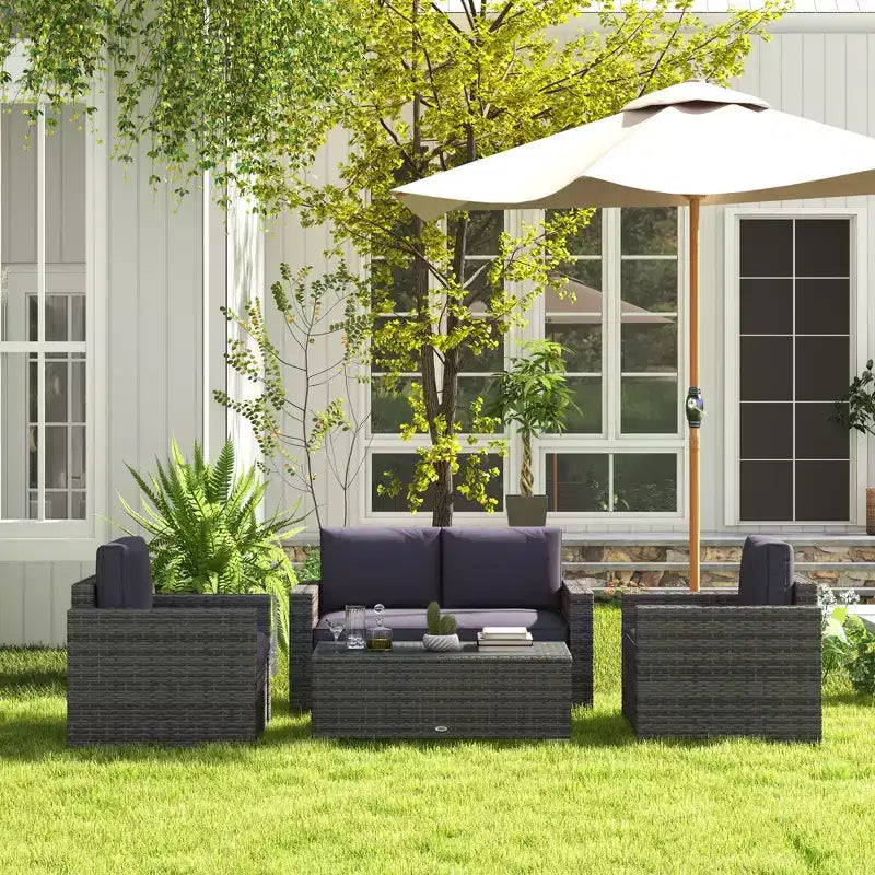 4-delige tuinset van rotan, loungeset van vlechtwerk met loveseat, stoelen en salontafel met glazen blad voor buiten