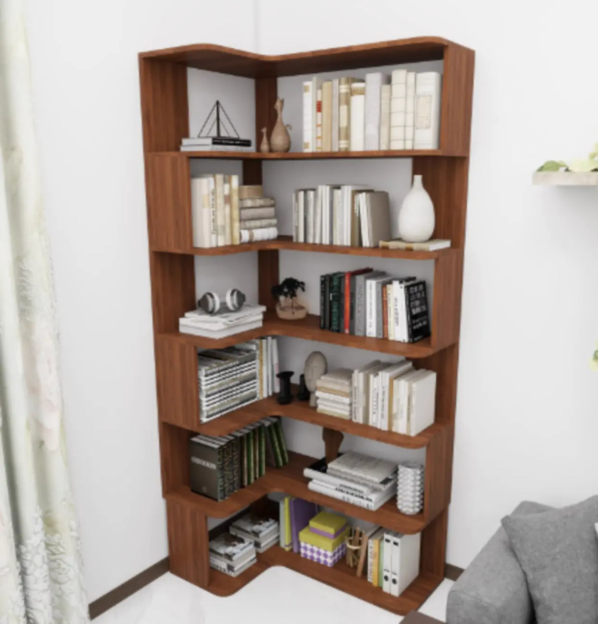 Hoekboekenkast van bewerkt hout met 6 planken
