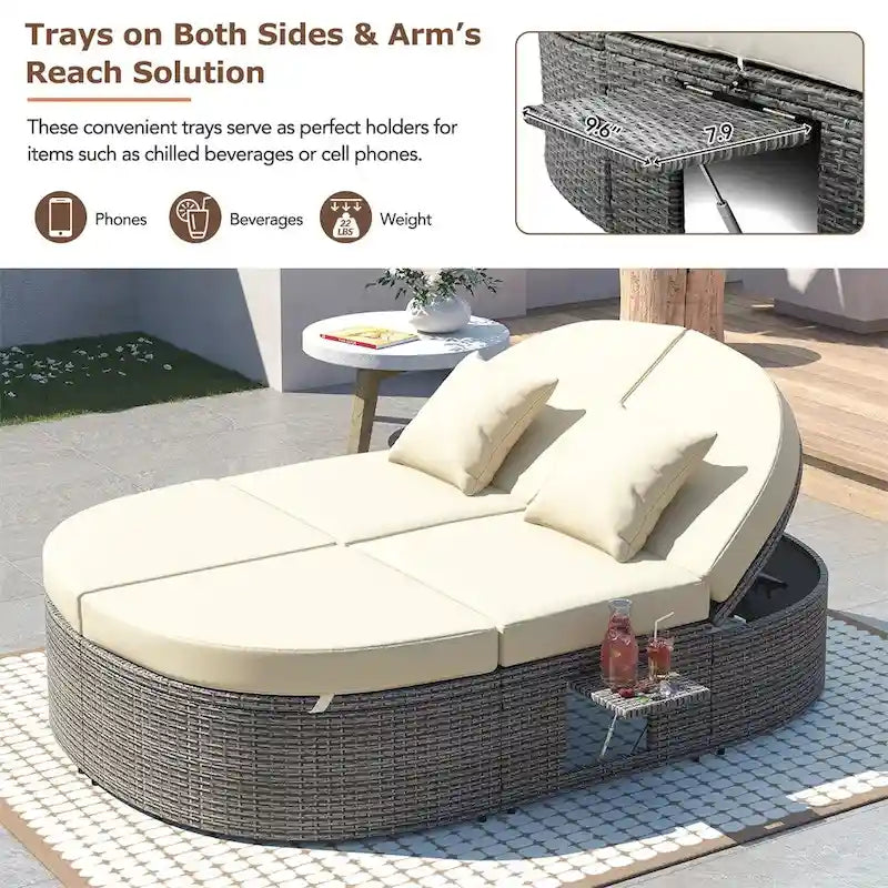 Lit de soleil d’extérieur pour patio, banquette-lit 2 places avec coussins et oreillers