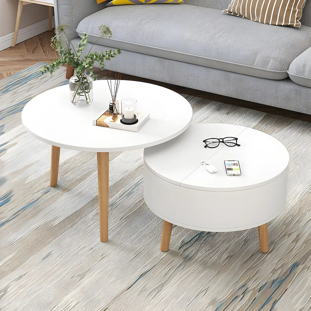 Moderner runder Couchtisch aus Holz in Schwarz und Weiß mit Stauraum