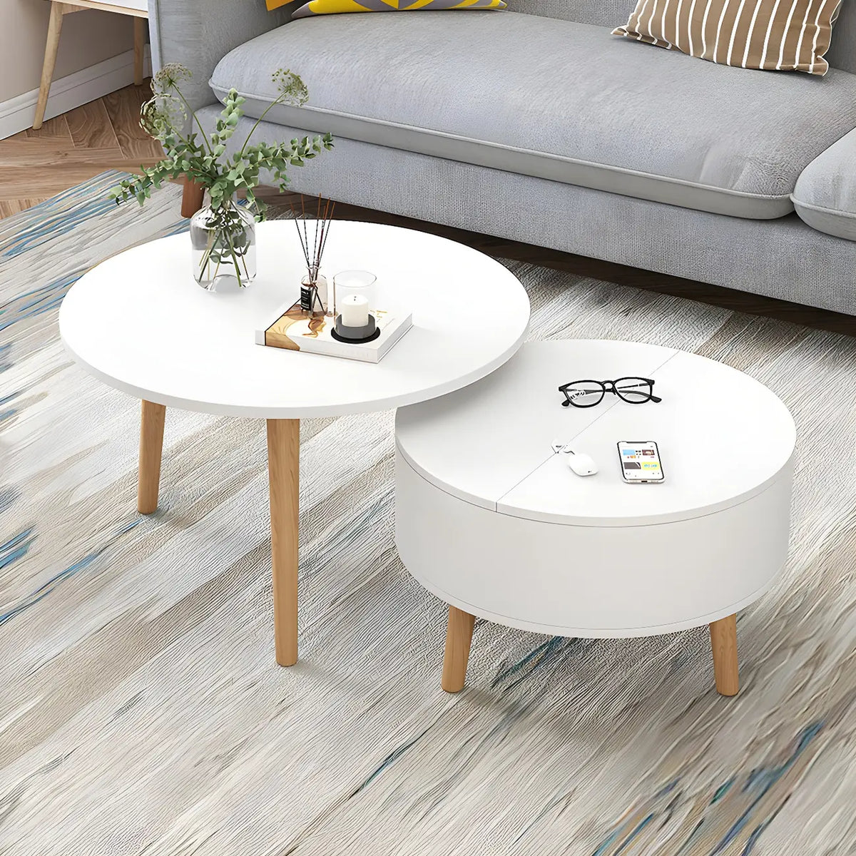 Moderner runder Couchtisch aus Holz in Schwarz und Weiß mit Stauraum