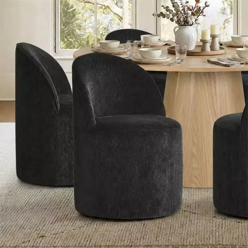 Ensemble de salle à manger moderne pour 6 personnes, table ronde à piètement central, fauteuils pivotants en forme de tonneau à roulettes, chenille texturée - Panipeachy